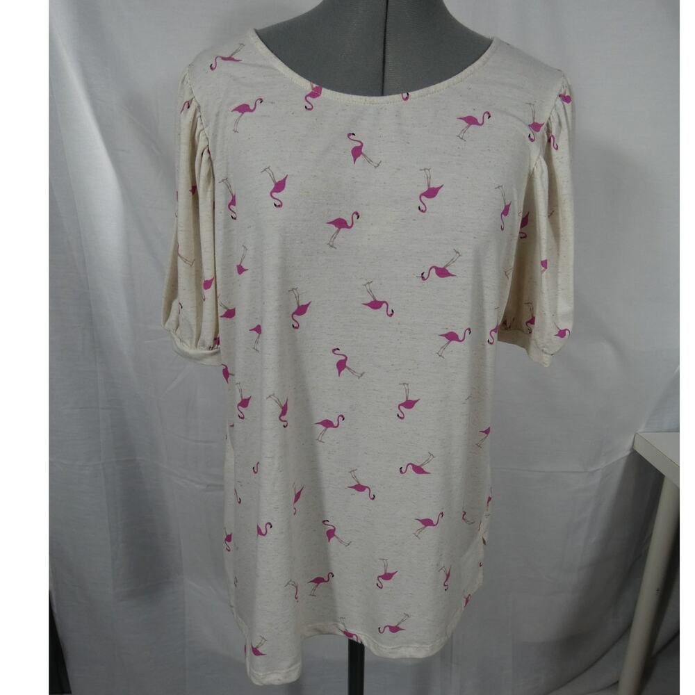 89th + Madison Women's XL Casual Flamingo Tunic Blouse Short Sleeves Side Slits